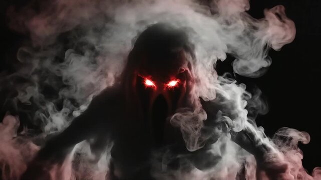 Scary shadowy ghost figure with glowing red eyes emerging from thick white smoke for Halloween horror atmosphere