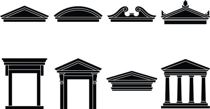 Vector collection of classical architectural silhouette icons featuring Greek Roman pediments columns porticos and building facades