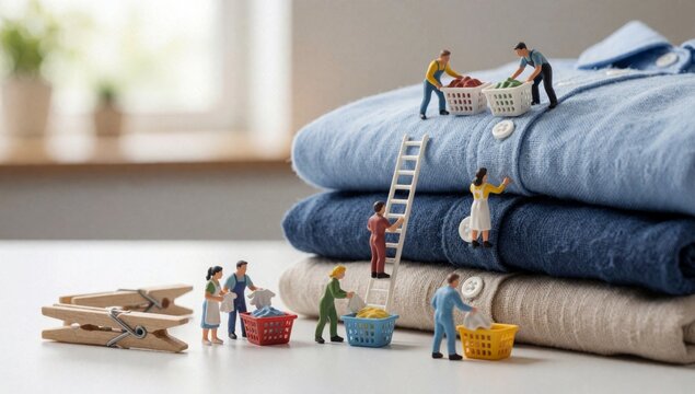 Group miniature people working laundry room there men women standing top stack folded blue shirts holding bask