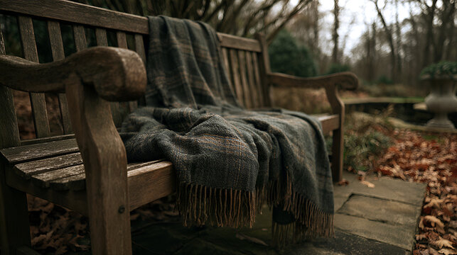 Plaid Blanket Draped Over A Wooden Bench In A Fall Garden, Diffused Overcast Daylight, Wide-Angle 24mm Lens, Expansive View, High-Contrast Tones, Photorealistic, Ultra-Detailed