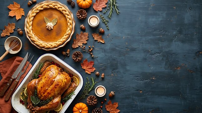 Top view of a festive thanksgiving dinner table with a roasted chicken, pumpkin pie, autumn leaves, pinecones, and candles on a dark rustic wooden background