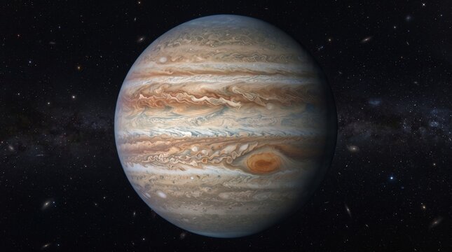 Majestic view of Jupiter planet with its iconic Great Red Spot floating in deep space filled with distant stars