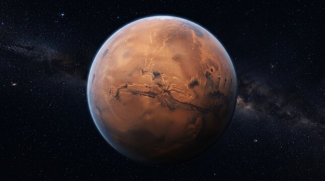 Realistic 3D Render of the Red Planet Mars Floating in the Vast Dark Void of the Deep Universe and Milky Way Galaxy