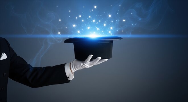 A hand in white gloves holds a black magician's hat with bright light and sparkling stars bursting from it. This magical scene represents wonder, illusion, and creativity.