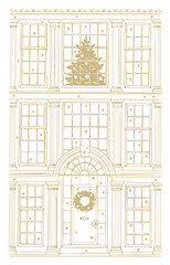Fototapeta premium Elegant hand-drawn Christmas townhouse facade with festive decorations, snowflakes, wreath, and Christmas tree, created in a vintage ornamental style.