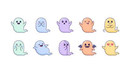 Obraz premium Cute Halloween Little Ghost Vector Characters Set in Pastel Colors with Bat Wings, Heart Eyes and Various Emotions Flat Clipart