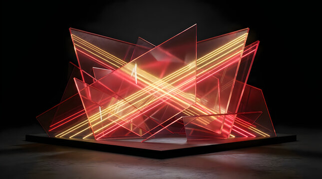 Abstract geometric shapes with glowing orange lines on a dark background