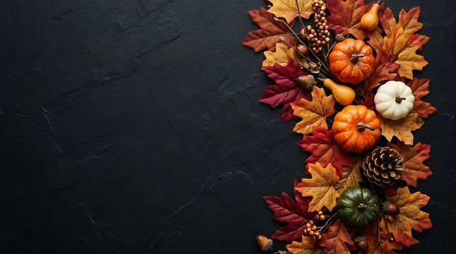 Autumn harvest composition with pumpkins, gourds, pine cones, and colorful fall leaves arranged on a dark rustic background, top view with copy space for text
