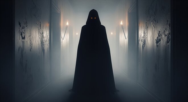 A mysterious cloaked figure with glowing eyes stands in a dimly lit hallway. Weathered walls and wall sconces create a haunting atmosphere. Perfect for horror, fantasy, and dark storytelling.