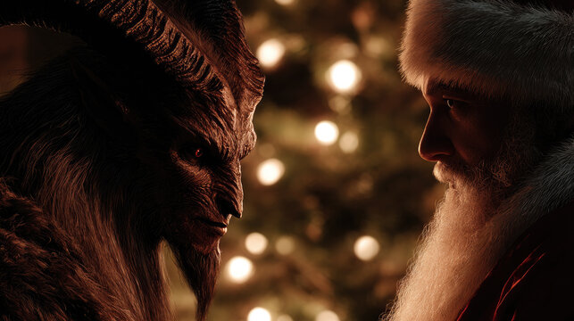 Krampus and santa claus confronting by a festive christmas tree, symbolizing the contrasting spirits of christmas folklore and the battle between good and evil