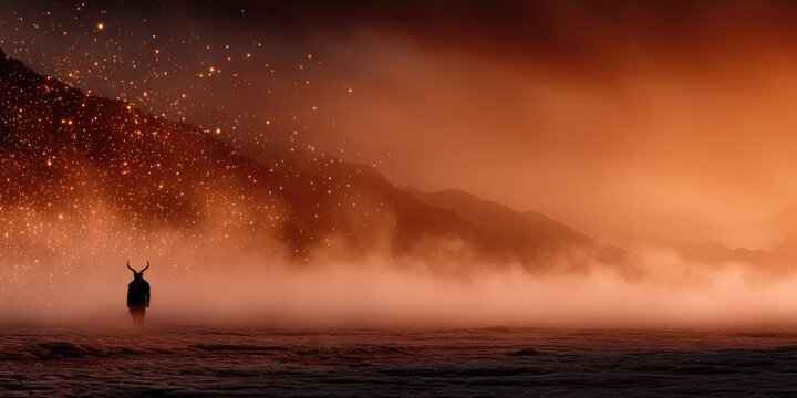 Krampus, the mythical horned creature from alpine folklore, emerging from a fiery, smoke-filled inferno with glowing sparks, symbolizing dark christmas traditions and impending punishment