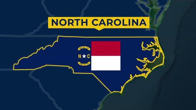 Satellite map animation of North Carolina, USA. Blinking territory, state flag, pinned name, animated outline of the border. Concept for broadcast, social media, education.