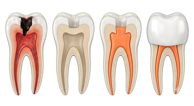 Educational dental anatomy showing tooth decay and root canal stages white background with dental health, dental caries white background