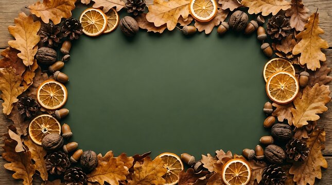 Autumn composition with dried orange slices, acorns, walnuts, and oak leaves on a dark green background, top view, flat lay, fall seasonal frame