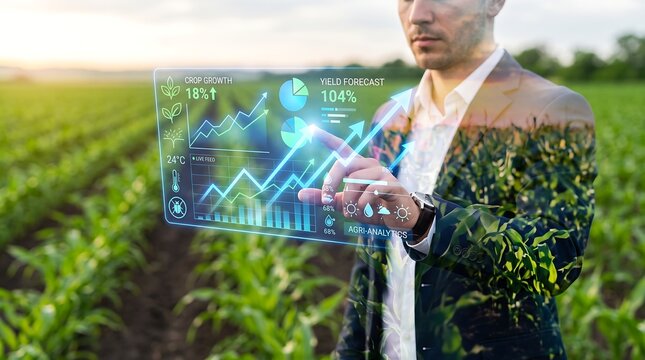 Man examining agricultural data projections overlaid on a green field representing smart farming and yield forecasting
