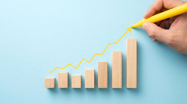 Wooden blocks building a growth chart with a yellow marker indicating upward trend