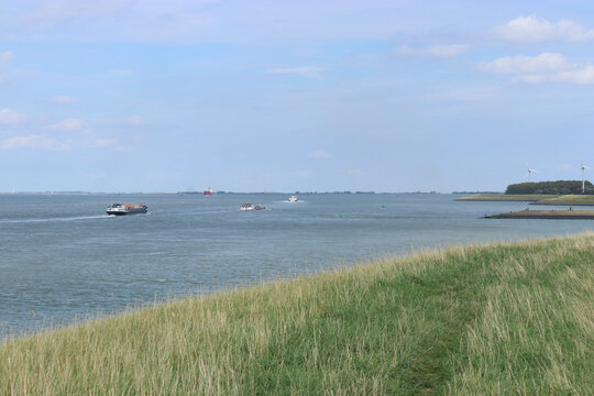 a lot of shipping traffic in the western scheldt shipping lane at the dutch coast in zeeland near terneuzen at a sunny day in early autumn 