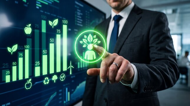 Businessman interacting with a glowing green chart displaying sustainable growth and renewable energy concepts in an office setting