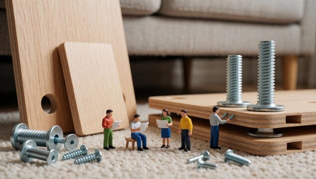 Group miniature people standing wooden pallet screws scattered there men women all whom appear working togethe
