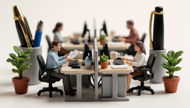 Miniature model group people working office there men women sitting desks front computer monitors arranged sem