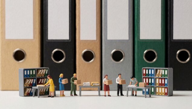 Group miniature people standing front row large binders different colors black beige green gray arranged verti