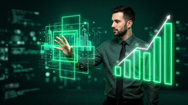Businessman interacting with futuristic green data visualization of financial growth and city skyline