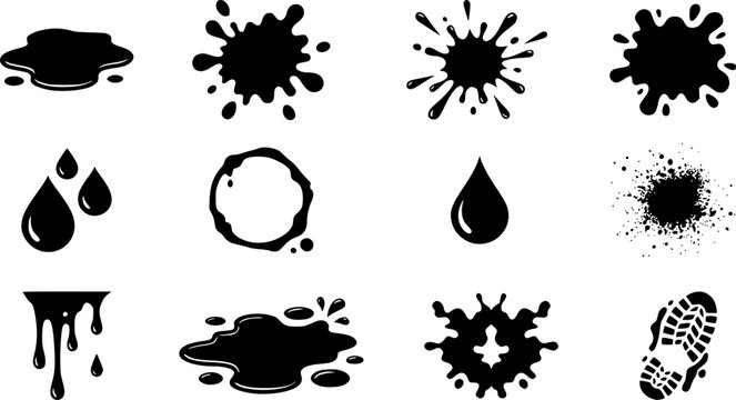 Black silhouette of puddle, a stain, dirt blot or blob. Paint, ink, black water with splashes and drops. Silhouette, shape, form. Stain of splashes, drops of a liquid. Isolated, vector illustration