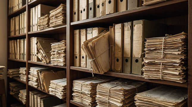 Old paper stacks organized on wooden shelves in a historic archive library with documents