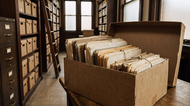 Open cardboard box filled with old paper files in an archive storage room