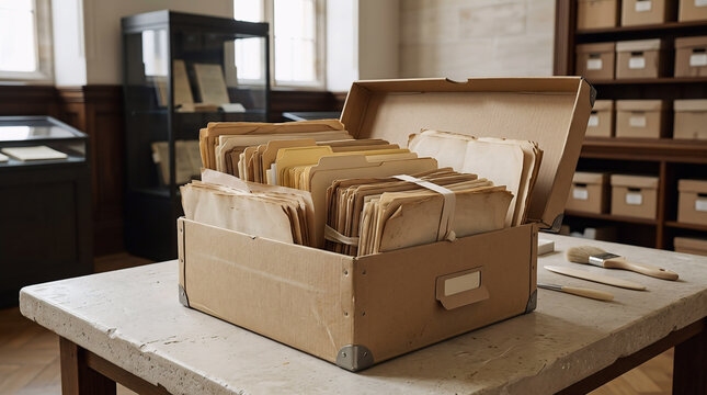 Open cardboard box filled with vintage paper documents on a table in an archive