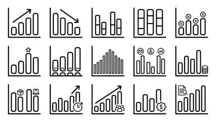 Obraz premium Set of fifteen hand drawn doodle style bar chart icons representing various business data analysis and growth trends