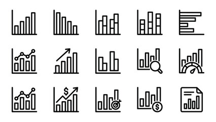Obraz premium Set of fifteen thin line business chart and financial graph icons for data analysis and reporting