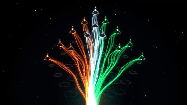 Formation of glowing fighter jets flying upwards with orange white and green light trails resembling the indian national flag colors against a dark starry sky background 4k Motion Video