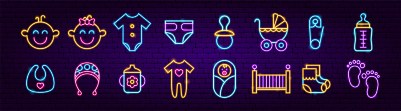 Baby Shower Neon Objects Set. Child Newborn Glow Icons. Vector Illustration with Dark Brick Wall BG. Pregnancy Maternity SIgns.