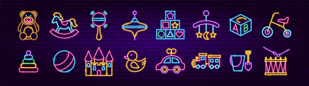 Children Toys Neon Objects. Child Newborn Glow Icons Set. Vector Illustration with Dark Brick Wall BG. Baby SHower Party Gift SIgns.