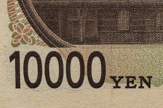 Japanese 10000 yen bill denomination number macro detail close up on reverse side