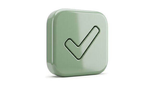 Glossy sage green square icon featuring a 3d rendered checkmark symbol with soft lighting and smooth rounded corners on white background