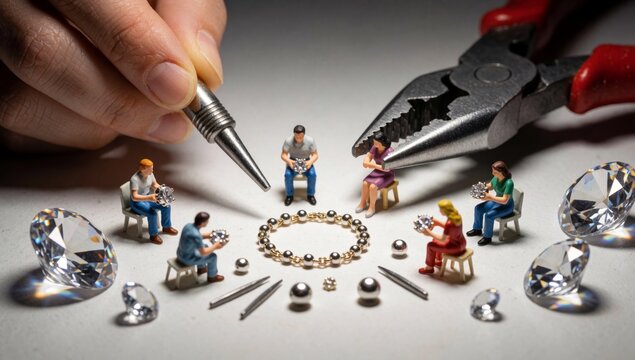 Group miniature people sitting table various tools materials scattered left side there hand holding pair plier