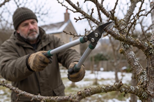 Mature man pruning fruit tree with loppers in snowy winter garden. Orchard maintenance in cold season with house in background.