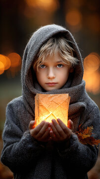 Child holding a glowing handmade paper lantern during an autumn evening, representing warmth, hope, and tradition during saint martin's day celebrations