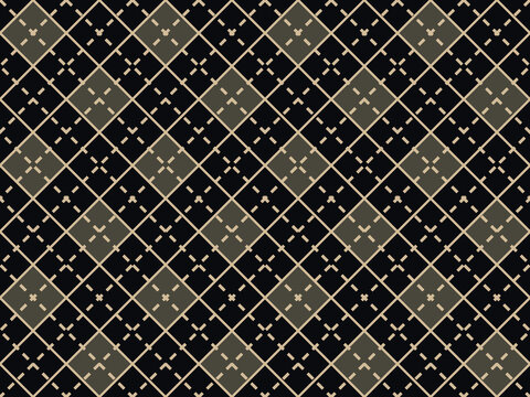 Argyle pattern with interlocking diamond shapes in muted gold and black for textile and wallpaper backgrounds