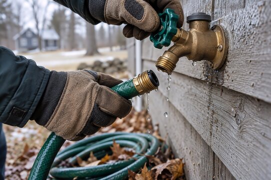 Man in work gloves disconnecting garden hose from outdoor faucet before winter. Draining water from tap on wooden house wall in cold weather.
