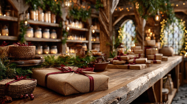 Festive christmas workbench with rustic gifts, preparing holiday presents, creating a cozy workshop atmosphere for seasonal celebrations and winter crafting
