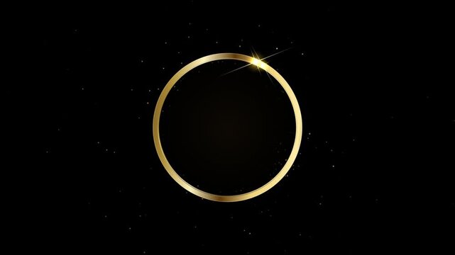 Shiny gold circle frame with glowing light sparkles on a dark black background 4k Motion Video