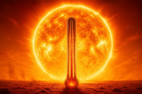 Fiery sun dominates the sky with blazing rays. Thermometer stands tall, glowing hot. Its base melts into the scorched ground. The scene screams extreme heat and danger