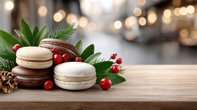 Colorful macarons creating a festive dessert display, standing among sparkling golden christmas ornaments, pine branches, and white sugar sprinkles on a bright holiday background
