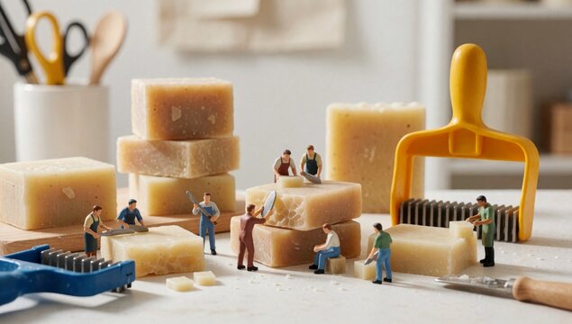 Group miniature people working workbench workshop there several pieces soap stacked top each other yellow trow