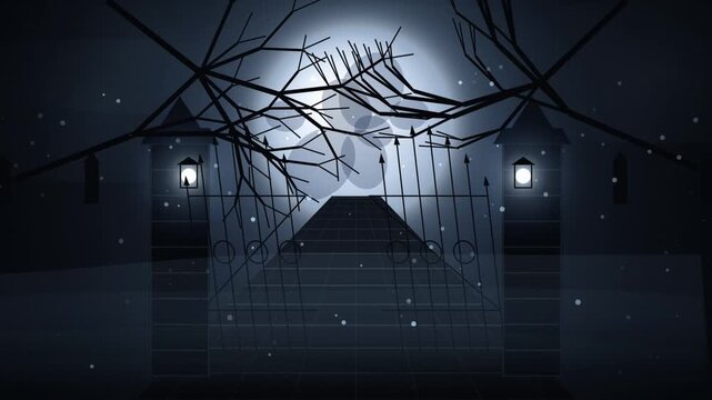 Spooky iron gate entrance at night with a bright full moon and bare tree branches under a dark gloomy sky for a scary halloween or mystery themed graphic design 4k Motion Video