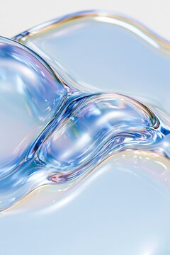 Iridescent transparent glass waves with soft blue reflections and rainbow highlights forming a futuristic abstract macro background