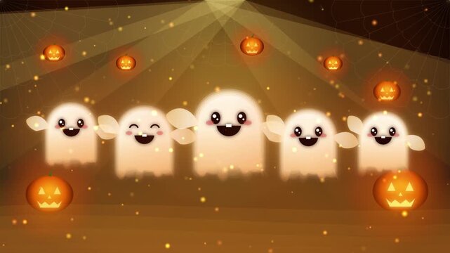 Cute happy little ghosts dancing with orange pumpkins in a magical glowing halloween night scene 4k Motion Video